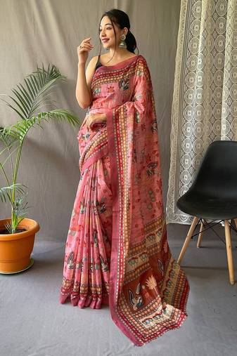 pink printed pure cotton pink saree with blouse