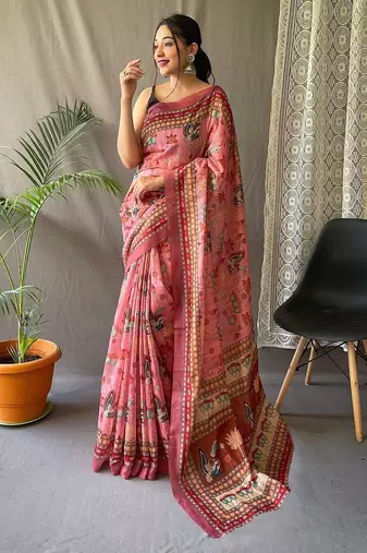 pink printed pure cotton pink saree with blouse