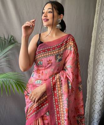 pink printed pure cotton pink saree with blouse 2