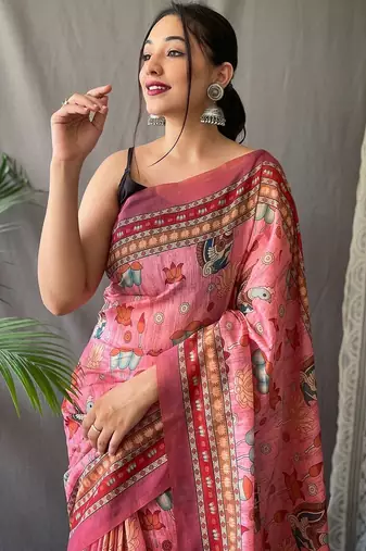 pink printed pure cotton pink saree with blouse