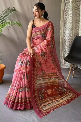 pink printed pure cotton pink saree with blouse