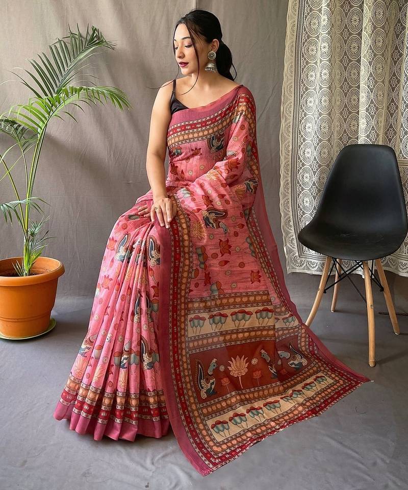pink printed pure cotton pink saree with blouse