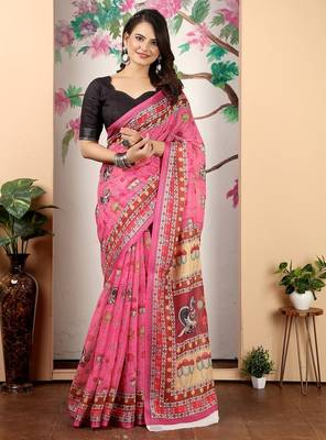 pink printed pure cotton pink saree with blouse 1