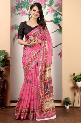 pink printed pure cotton pink saree with blouse