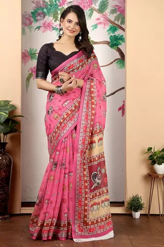 pink printed pure cotton pink saree with blouse