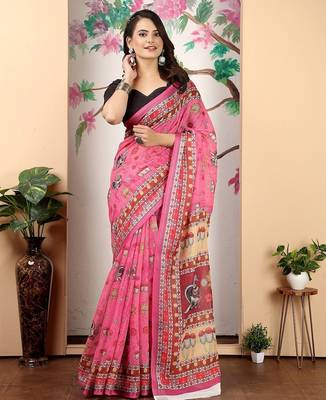 pink printed pure cotton pink saree with blouse 2