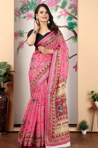 pink printed pure cotton pink saree with blouse