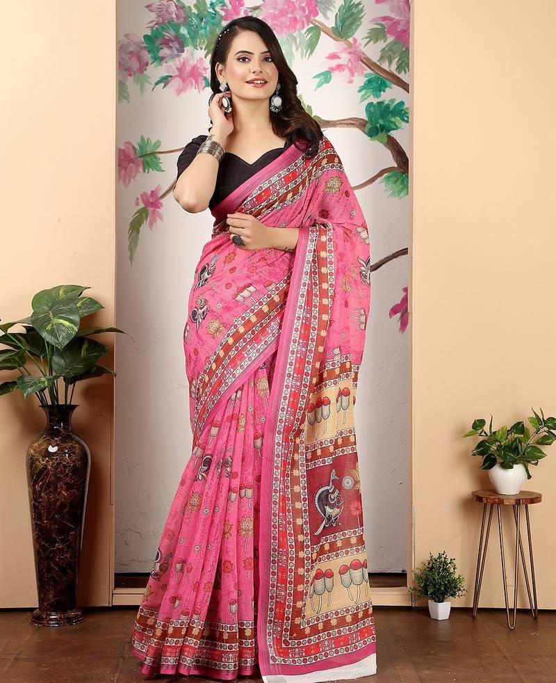 pink printed pure cotton pink saree with blouse