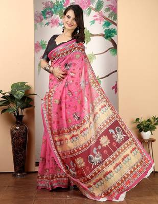 pink printed pure cotton pink saree with blouse 3