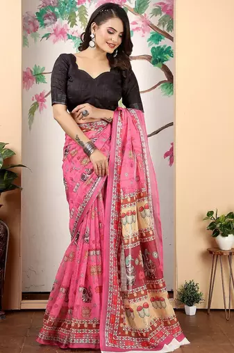 pink printed pure cotton pink saree with blouse