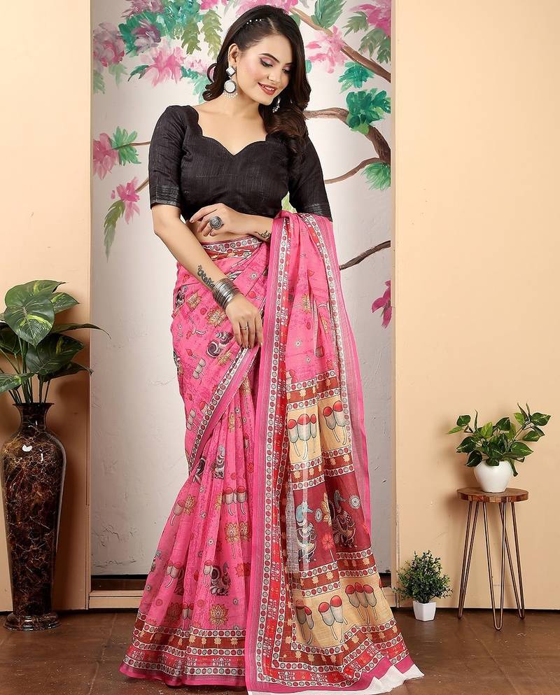pink printed pure cotton pink saree with blouse