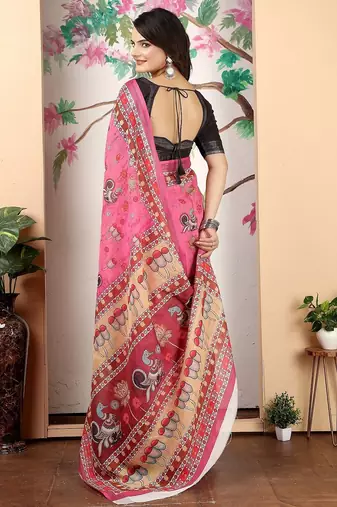 pink printed pure cotton pink saree with blouse