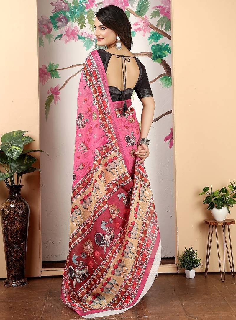 pink printed pure cotton pink saree with blouse