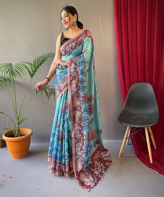 sky_blue printed pure cotton sky blue saree with blouse 1