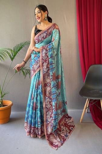 sky_blue printed pure cotton sky blue saree with blouse