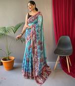 sky_blue printed pure cotton sky blue saree with blouse