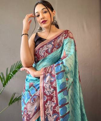 sky_blue printed pure cotton sky blue saree with blouse 2