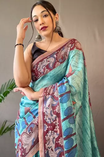 sky_blue printed pure cotton sky blue saree with blouse