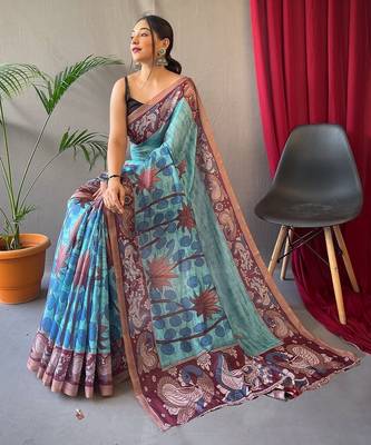 sky_blue printed pure cotton sky blue saree with blouse 3