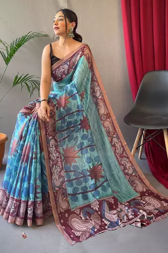 sky_blue printed pure cotton sky blue saree with blouse