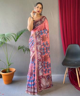 pink printed pure cotton pink saree with blouse 1