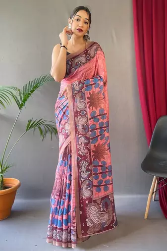 pink printed pure cotton pink saree with blouse
