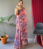 pink printed pure cotton pink saree with blouse