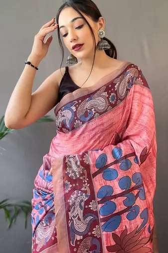 pink printed pure cotton pink saree with blouse