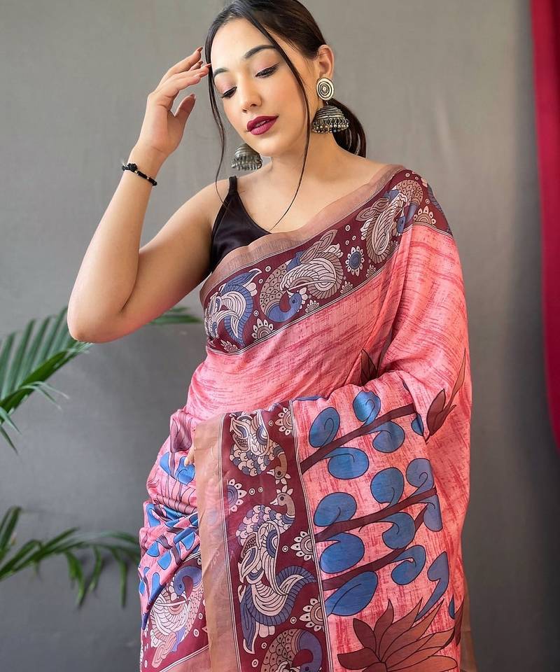 pink printed pure cotton pink saree with blouse