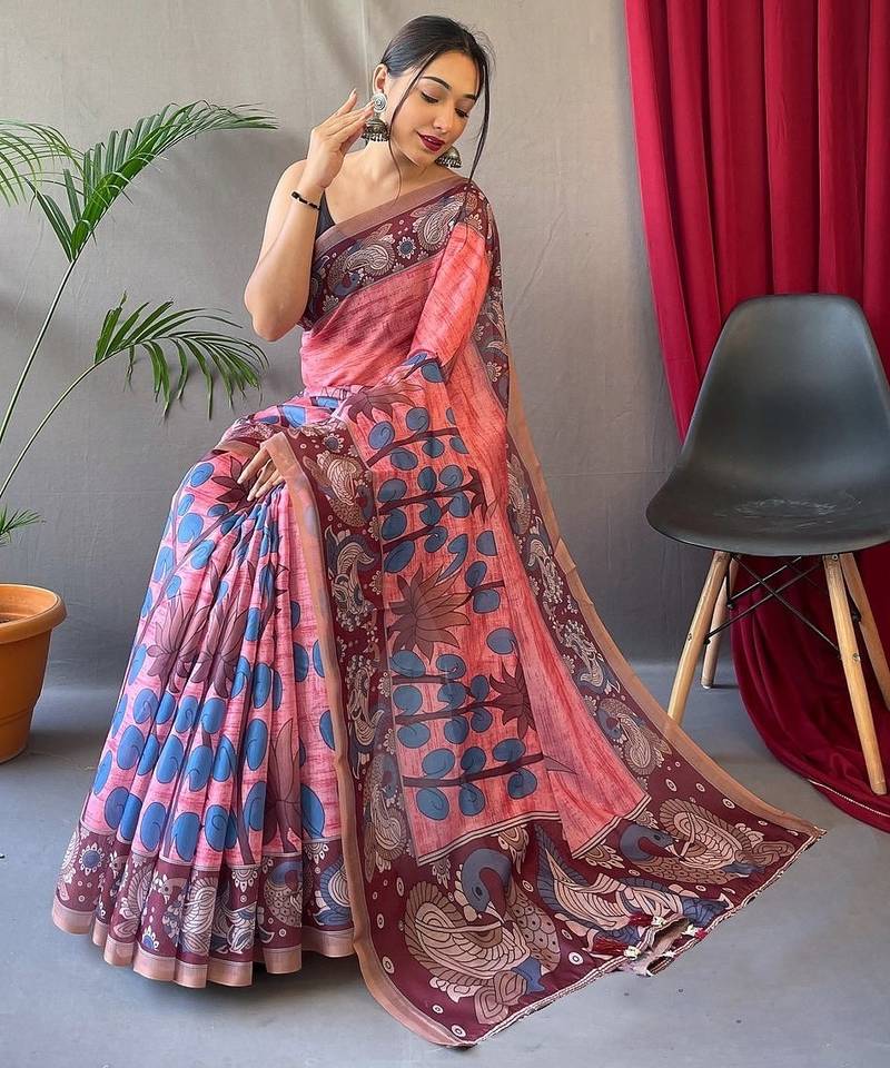 pink printed pure cotton pink saree with blouse