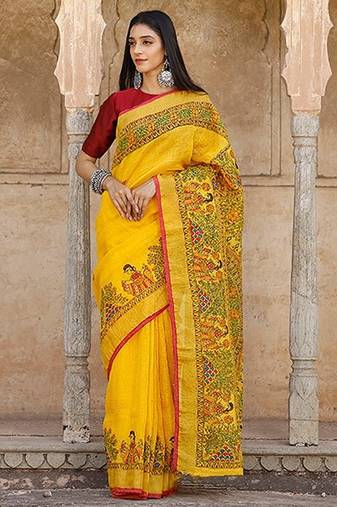 yellow printed pure cotton yellow saree with blouse