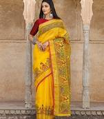 yellow printed pure cotton yellow saree with blouse