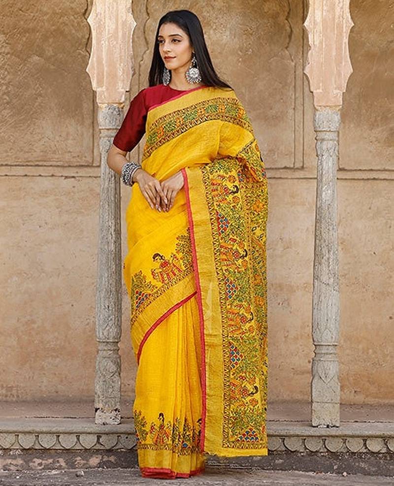 yellow printed pure cotton yellow saree with blouse