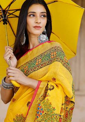 yellow printed pure cotton yellow saree with blouse 2