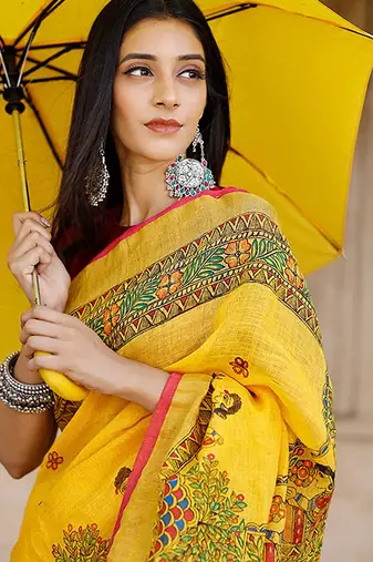 yellow printed pure cotton yellow saree with blouse