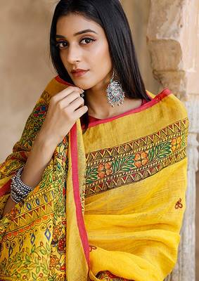 yellow printed pure cotton yellow saree with blouse 3