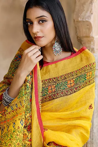 yellow printed pure cotton yellow saree with blouse