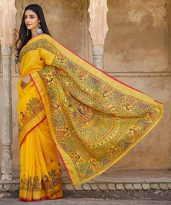 yellow printed pure cotton yellow saree with blouse 4