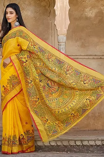 yellow printed pure cotton yellow saree with blouse