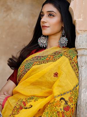 yellow printed pure cotton yellow saree with blouse 5