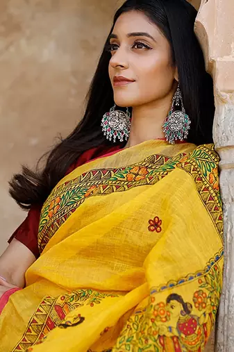 yellow printed pure cotton yellow saree with blouse