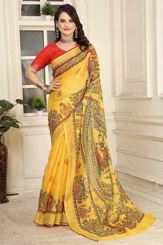 yellow printed pure cotton yellow saree with blouse
