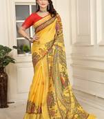 yellow printed pure cotton yellow saree with blouse