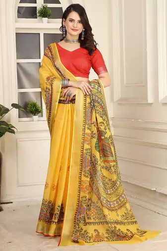 yellow printed pure cotton yellow saree with blouse