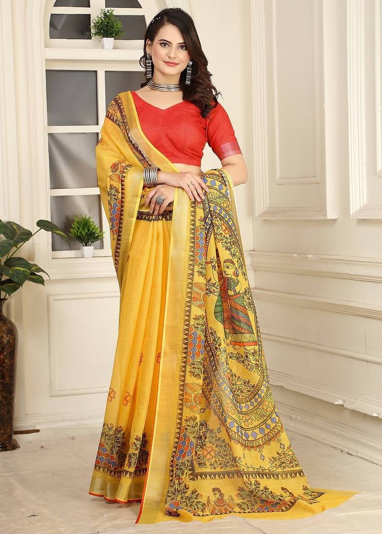 yellow printed pure cotton yellow saree with blouse