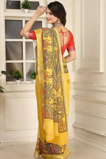 yellow printed pure cotton yellow saree with blouse