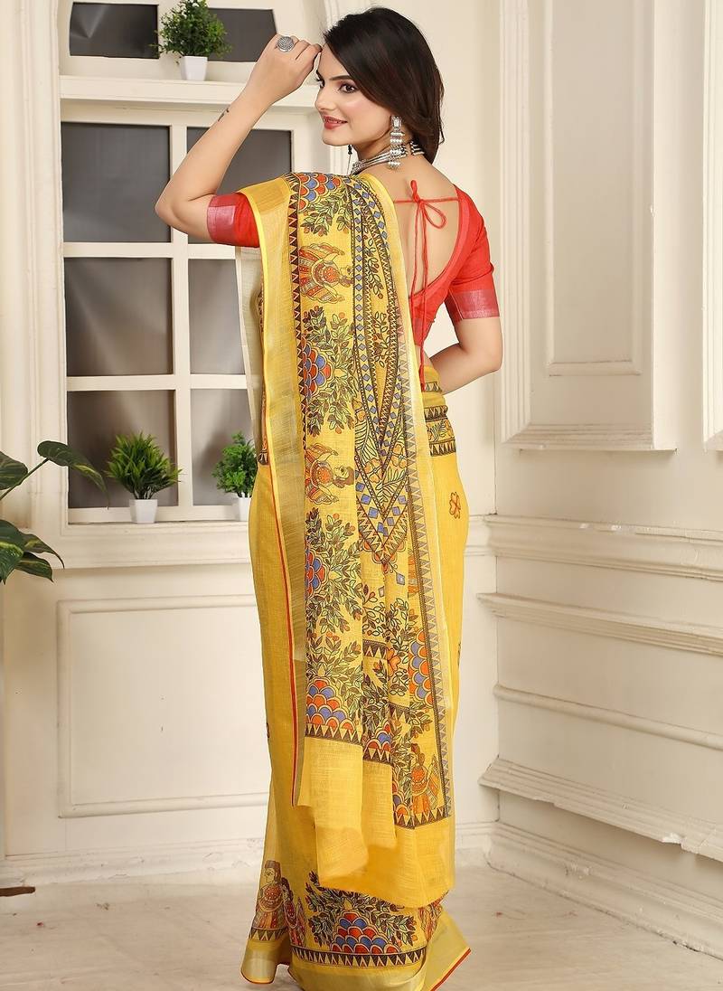 yellow printed pure cotton yellow saree with blouse
