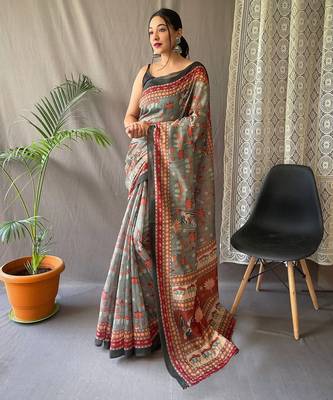 grey printed pure cotton grey saree with blouse 1