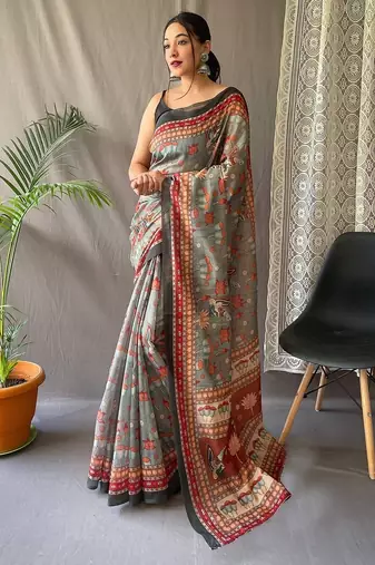 grey printed pure cotton grey saree with blouse