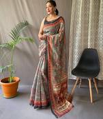 grey printed pure cotton grey saree with blouse